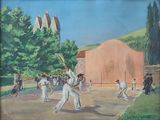 tableau représentant un groupe d'hommes jouant au baseball sur un terrain