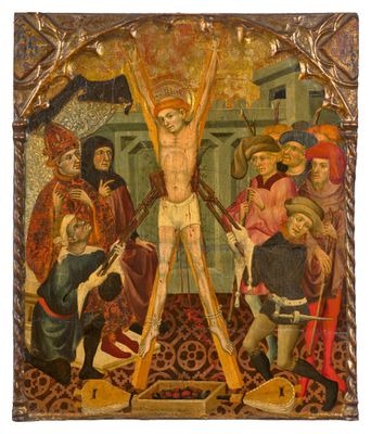 an image of a painting of jesus on the cross with other people