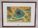 tableau encadré représentant un oiseau bleu sur un fond jaune et vert