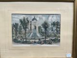 tableau représentant une scène de parc avec une fontaine et des personnages au premier plan