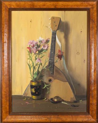 painting of a guitar and flowers in a vase on a table