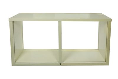 two white shelves with glass doors on each side of them