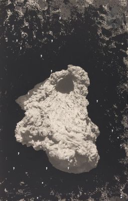 black and white photograph of a rock in the middle of a field