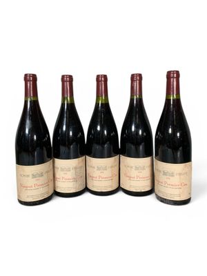 six bouteilles de vin sont alignées sur une surface blanche