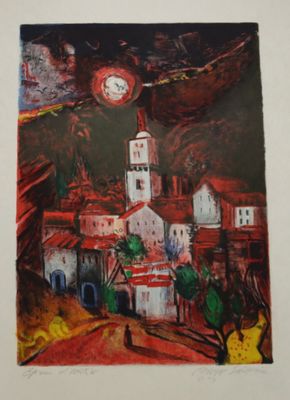 tableau représentant un village avec une horloge au sommet d'une colline