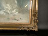 a picture of a painting on a table with a black background
