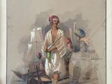 un tableau représentant un homme debout devant un bateau