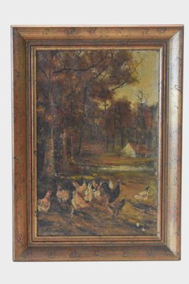 painting of a group of chickens in a wooded setting