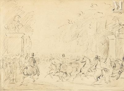 drawing of a group of people riding horses in a street