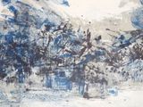 a blue and white drawing of a tree in the snow