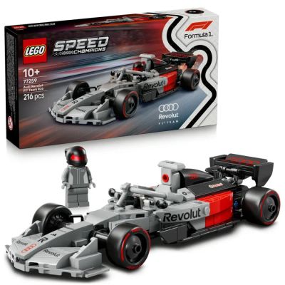 Voiture de course « Lego Speed Formula » avec pilote, devant une boîte