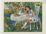 a painting of a woman sitting at a table with a bowl of fruit