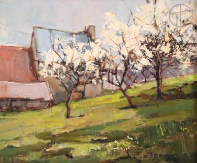 une peinture à l'huile représentant une scène de ferme avec une grange en arrière-plan