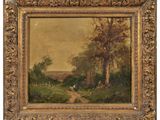 a painting of a landscape with trees and cows in the foreground