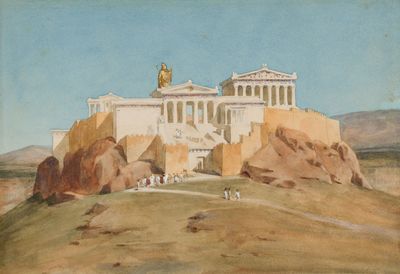 painting of a painting of a large building on top of a hill