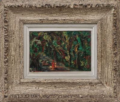 an image of a painting of a red fire hydrant in a forest