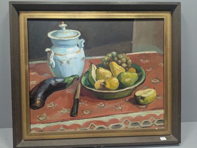 un tableau représentant un bol de fruits et un couteau posés sur une table
