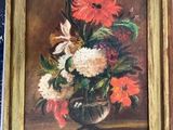 a painting of flowers in a vase on a table
