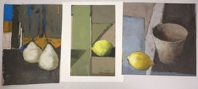 three paintings of lemons, pears, and a bucket on a table