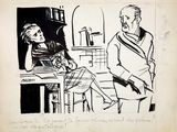 drawing of a man and woman sitting at a table in a kitchen