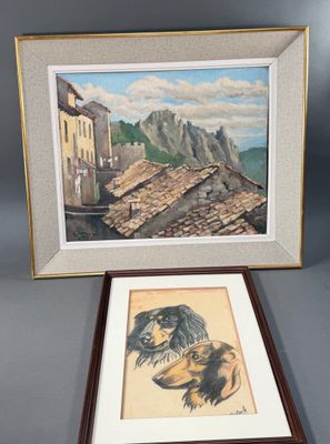 deux photos encadrées représentant un chien et une maison sur fond gris