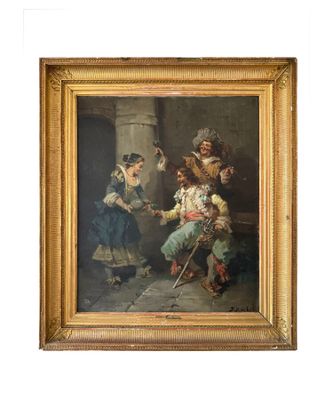 an old painting of a man and a woman playing a game of tennis