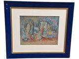 tableau représentant un cadre bleu dans lequel figure un homme et une femme dans un jardin