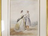 painting of two women standing in a field, one of which is holding an umbrella