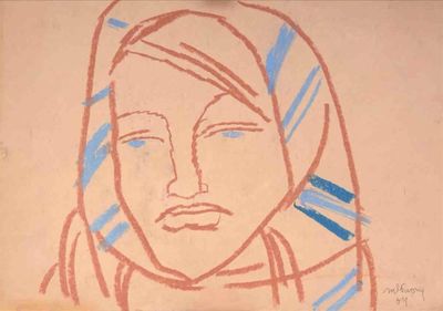 dessin représentant le visage d'une femme sur une feuille de papier avec des lignes bleues