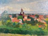 an oil painting of a view of a town from a hill