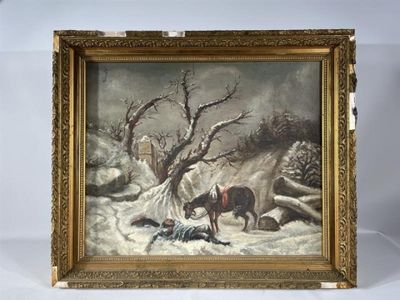 an image of a painting of a horse and a man laying in the snow
