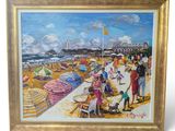 a painting of people on the beach with umbrellas