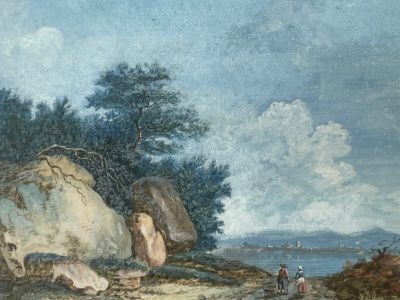 a painting of a man and a woman walking down a path
