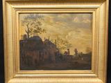 an oil painting of a village scene with a horse drawn carriage
