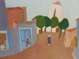 a painting of a person walking down a street