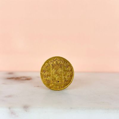 a gold coin sitting on top of a marble counter top