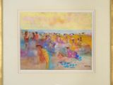 une peinture à l'huile représentant une scène de plage avec des gens sur le sable