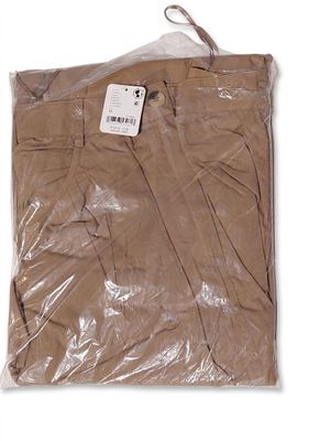 the brown pants are wrapped in plastic and ready to be worn