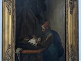 a painting of a man sitting at a table reading a book