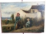 painting of two women and a child in front of a white house