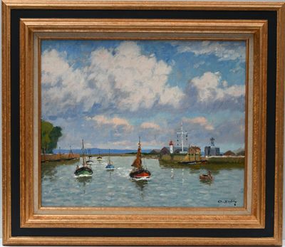 an oil painting of boats in a harbor with a lighthouse in the background
