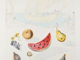 a picture of a watercolor painting of fruit and a boat