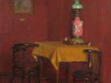 painting of a table and chairs in a room with a yellow tablecloth