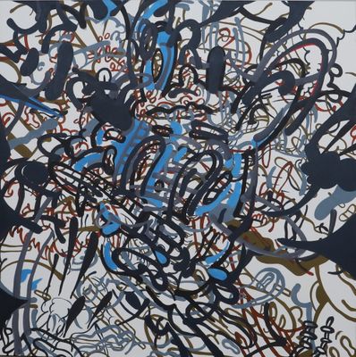 abstract painting of blue, black, and white lines and shapes on a white background