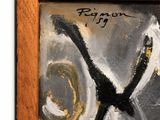 an image of a painting of a black and white fish in a wooden frame