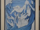 painting of a woman holding a baby in her arms in a white frame
