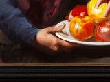 painting of a woman holding a plate of fruit in front of a painting of a woman