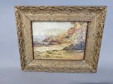 an oil painting of a landscape with a mountain in the background