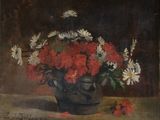 une peinture de fleurs dans un vase sur une table