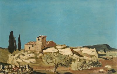an image of a painting of a house in the middle of a field